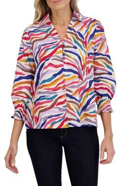 Foxcroft Alexis Striped Smocked 3/4 Sleeves 100% Cotton Colorful Popover Top L